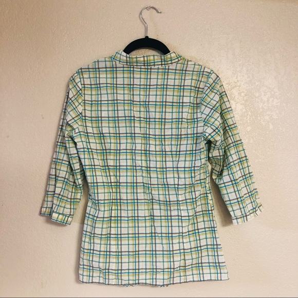 Charlotte Russe Green Plaid 3/4 Sleeve Button-Down Scrunched Center Shirt (L) - Picture 2 of 4